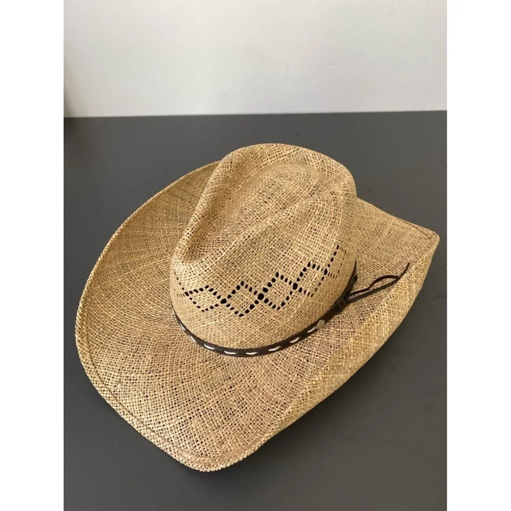 Stetson Men’s Natural Straw Cowboy Hat with Brown Leather Band Sz L Western Chic